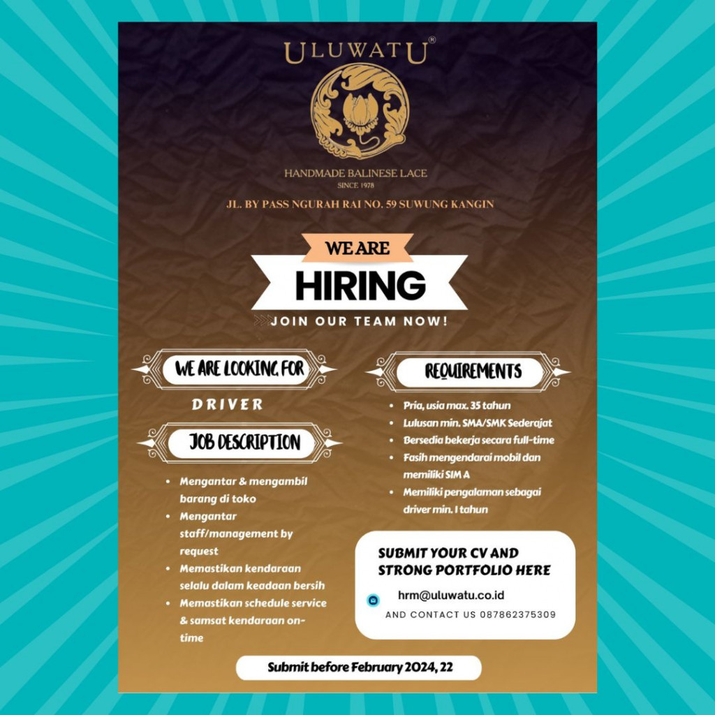 info loker dari ULUWATU Handmade Balinese Lace, untuk Kualifikasi dan persyaratan yuk cek postingan diatas Sobat Perinaker.